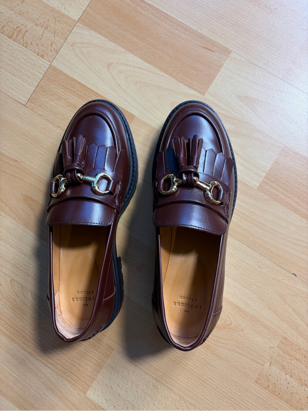 Sezane Brown Leather Tassel Loafers with Black Lug Sole - Picture 6 of 11